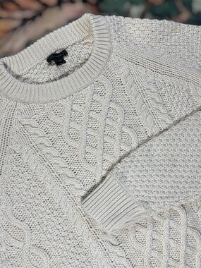 J Crew Sweater Chunky Cable Knit Cotton Fisherman  Pullover Ivory Medium Preppy